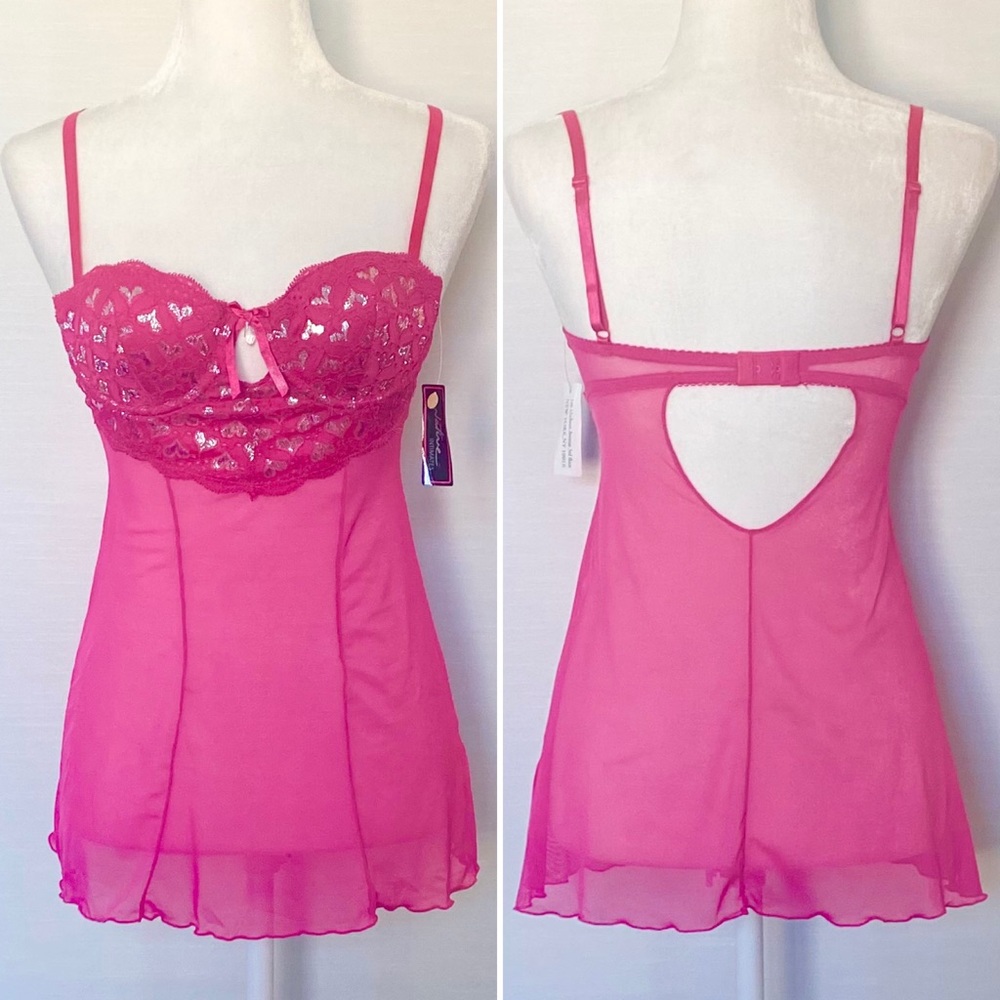 NWT Hot Pink Silver Foil Hearts Babydoll Nightie Bustier Sheer Mesh Slip Dress 🔥